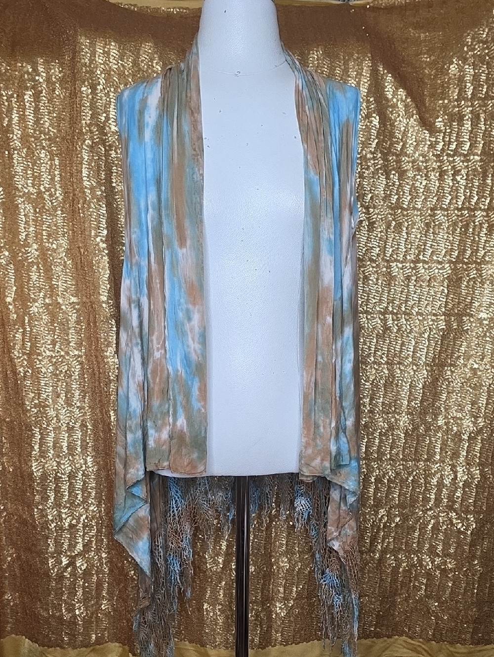 Boston Proper Blue and Tan Fringe Open Vest